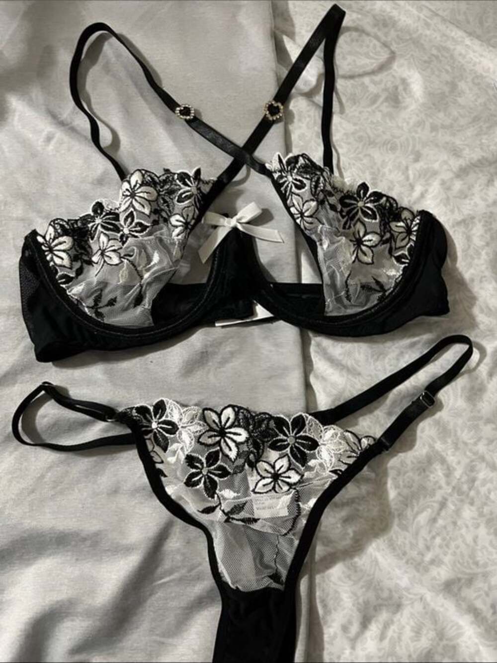 Sheer Floral Embroidered Lingerie peek a Boo Bra Set - Black & White